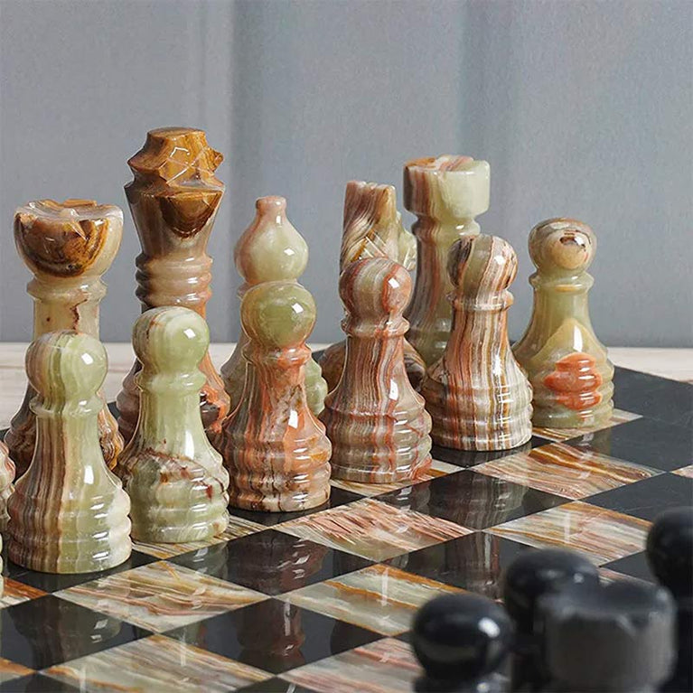 Marble Black & Multi Green Premium Quality Chess Pieces