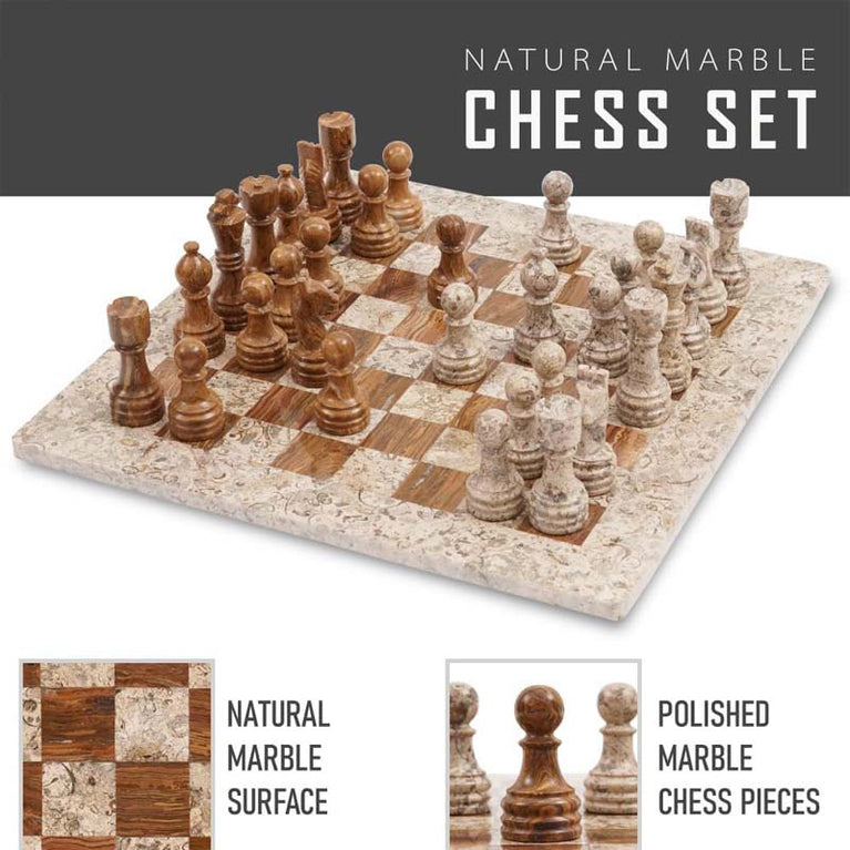 Fossil Coral And Dark Brown 15" High Quality Marble Chess Set