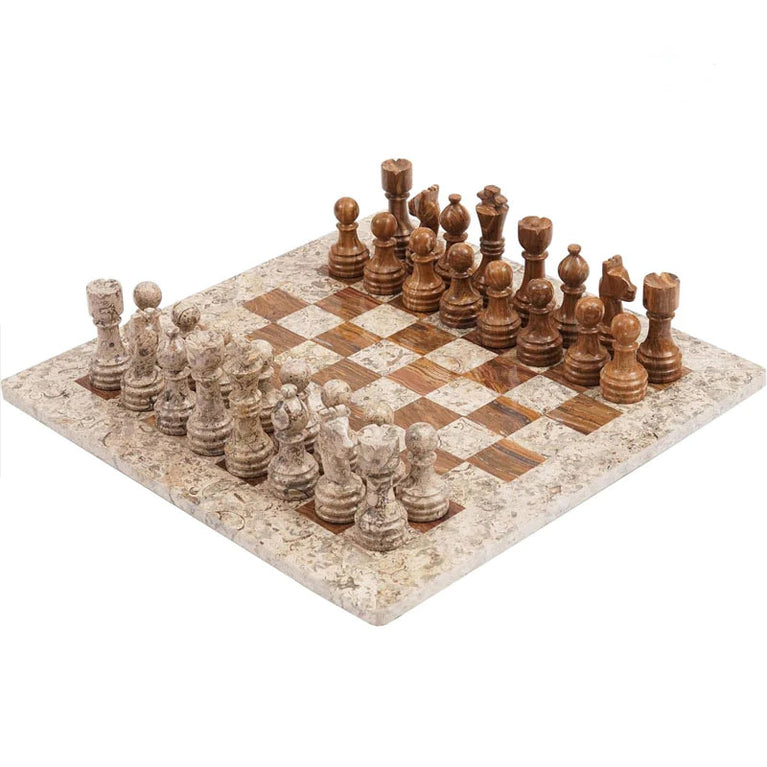 Fossil Coral And Dark Brown 15" High Quality Marble Chess Set