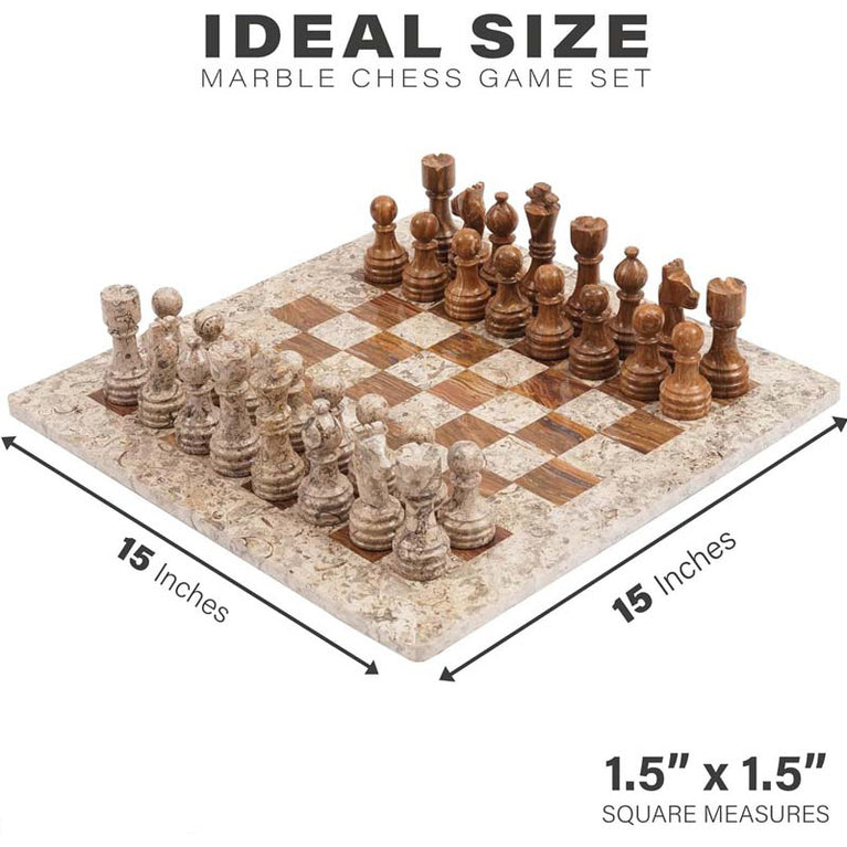 Fossil Coral And Dark Brown 15" High Quality Marble Chess Set