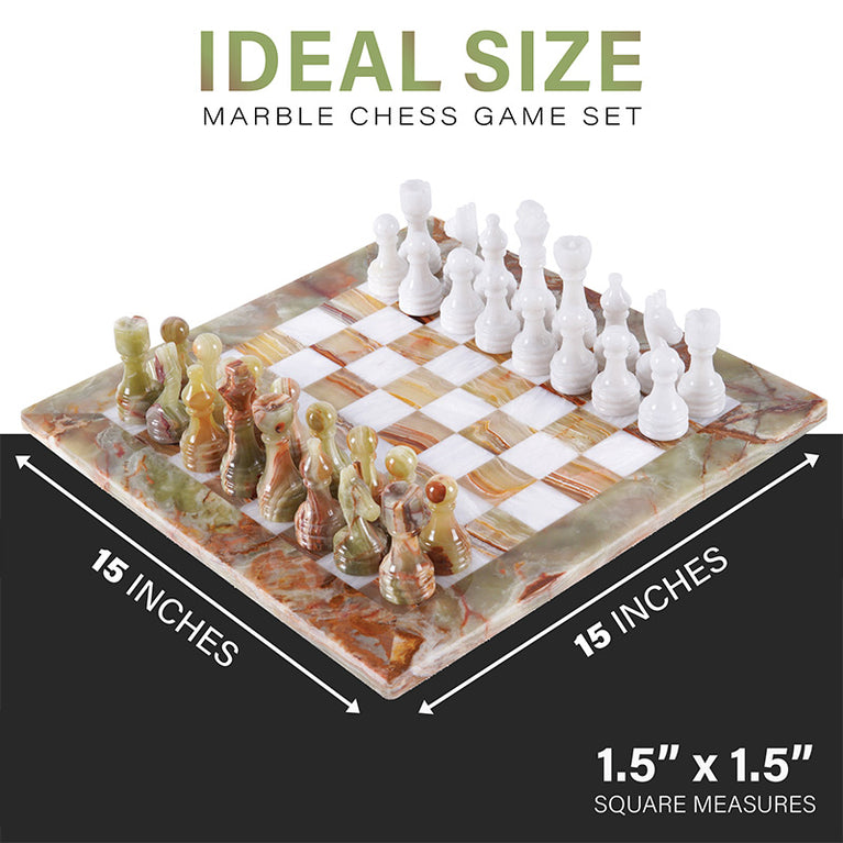 Green Onyx & White 15" Natural Marble Premium Chess Set