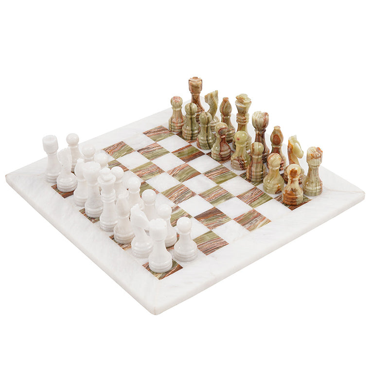 15" White and Green Chess Set (With Storage Box)