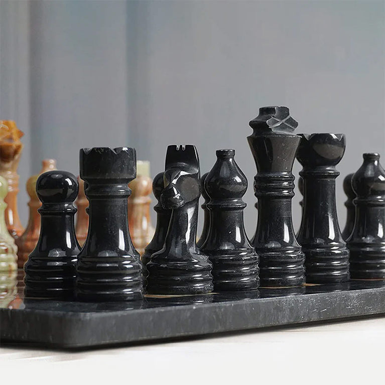 Marble Black & Multi Green Premium Quality Chess Pieces