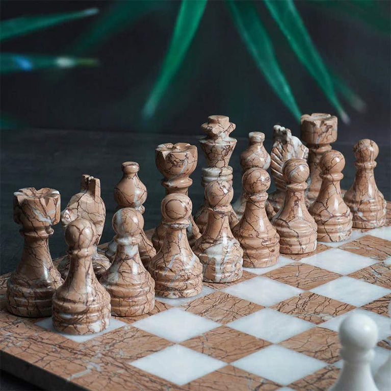 Marinara & White Natural Marble 15" Chess Game Set