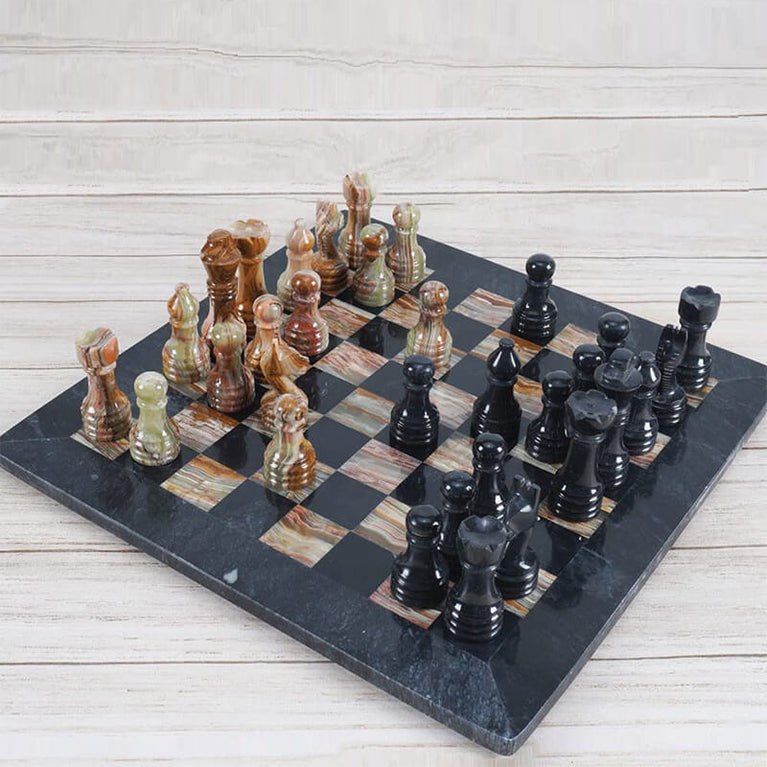 Black And Multi Green 15" Premium Quality Marble Chess Set