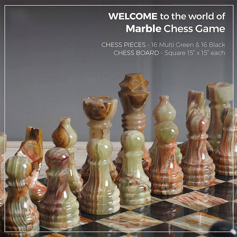 Black And Multi Green 15" Premium Quality Marble Chess Set