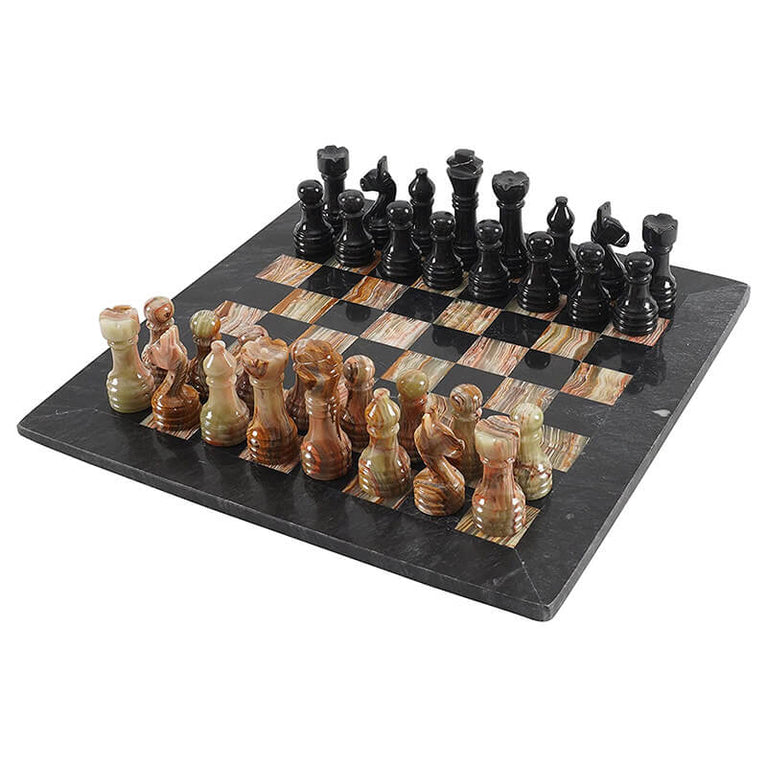 Black And Multi Green 15" Premium Quality Marble Chess Set