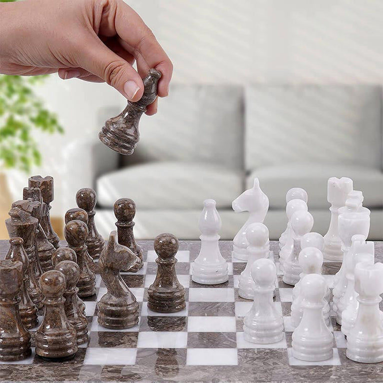 Grey Oceanic and White 12" High Quality Marble Chess Set