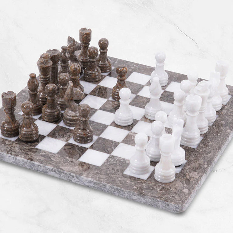 Grey Oceanic and White 12" High Quality Marble Chess Set