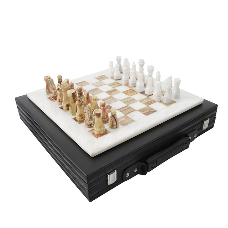 15" White and Green Chess Set (With Storage Box)