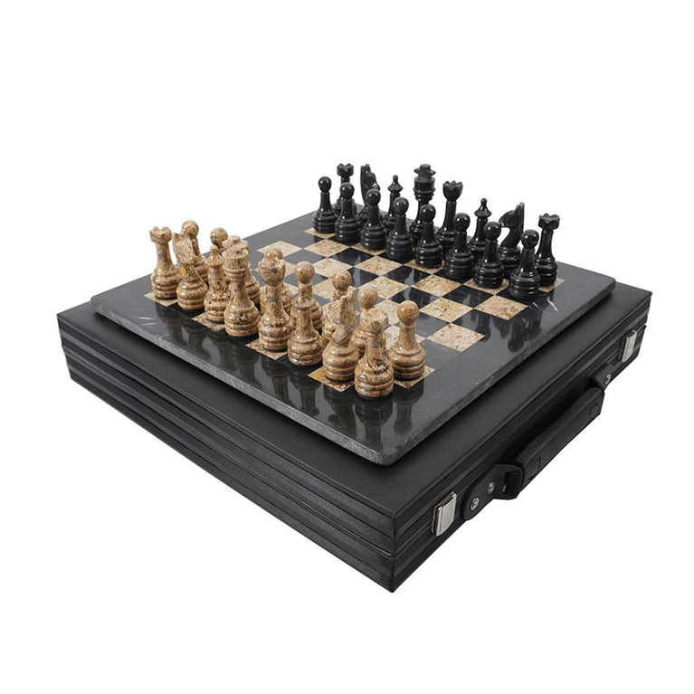 15" Black and Fossil Coral Chess Set (With Storage Box)