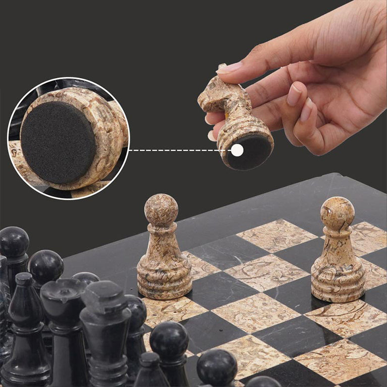 Black and Fossil Coral 15" High Quality Marble Chess Set