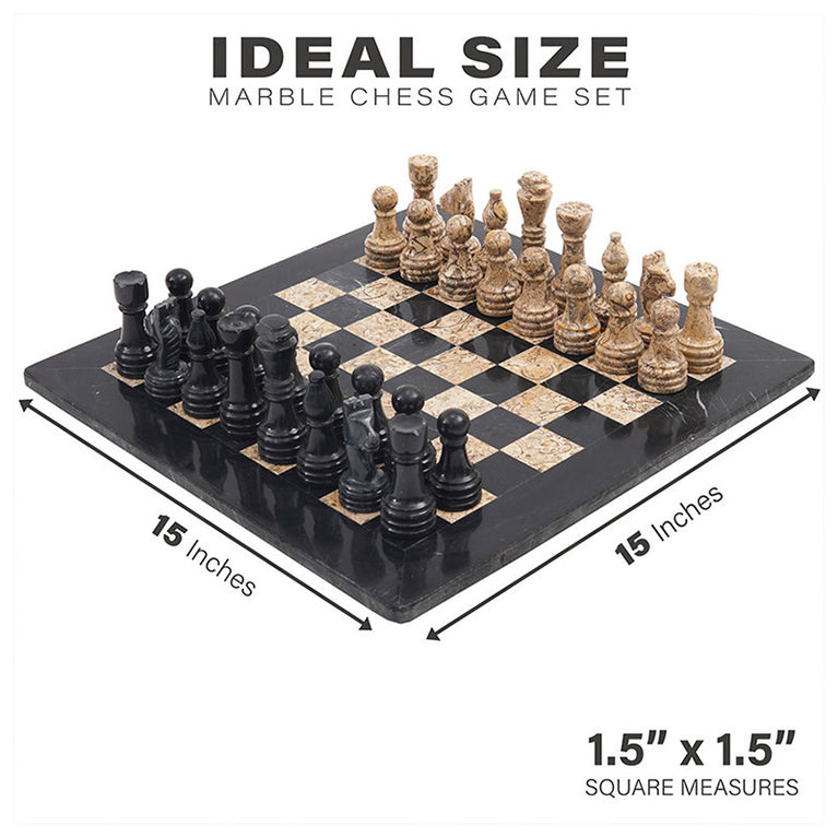 Black and Fossil Coral 15" High Quality Marble Chess Set