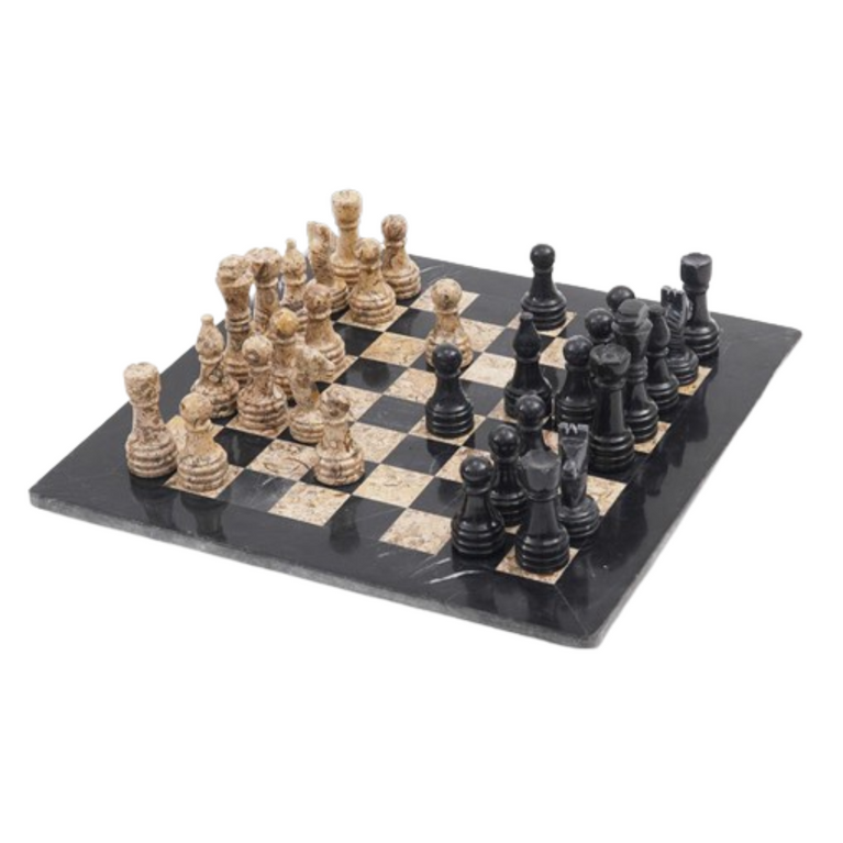 Black and Fossil Coral 15" High Quality Marble Chess Set