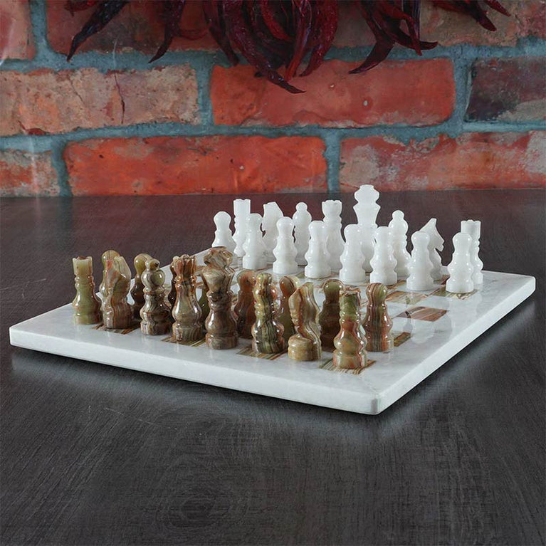 White and Green Onyx 12" High Quality Marble Chess Set