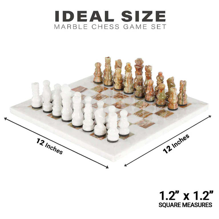 White and Green Onyx 12" High Quality Marble Chess Set