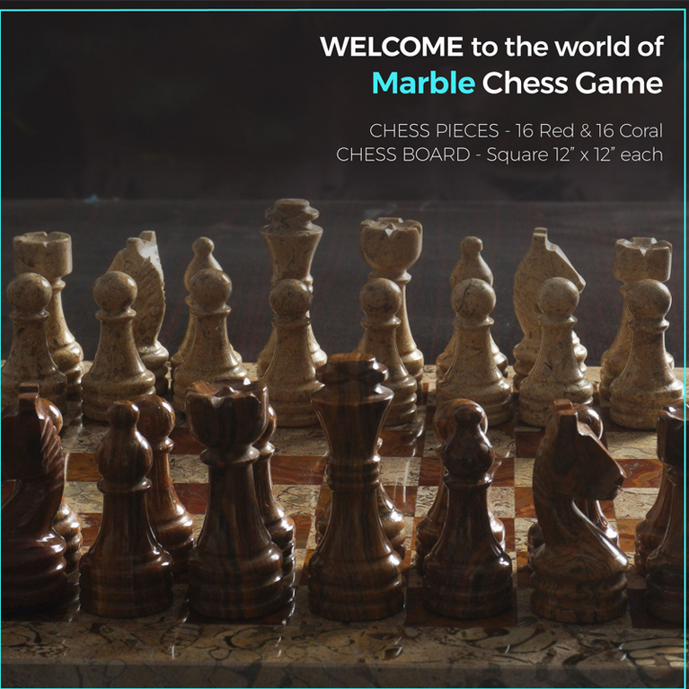 Coral and Red 12" Premium Quality Marble Chess Set Fancy