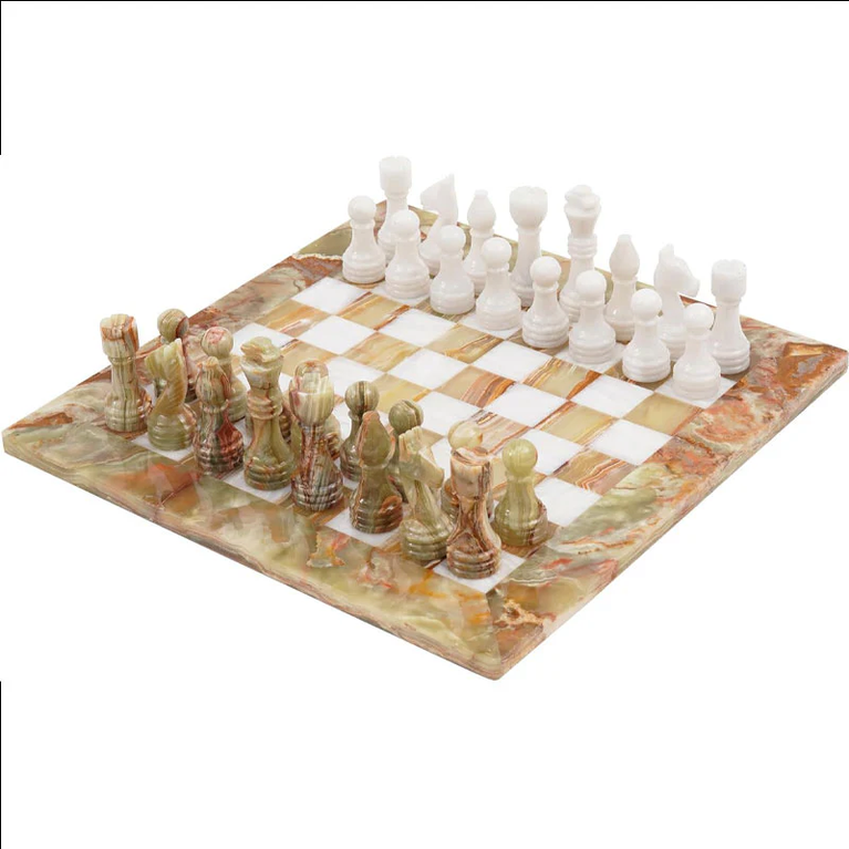 Green Onyx & White 15" Natural Marble Premium Chess Set